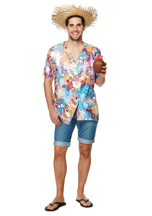 Adults Hawaiian T-Shirt Luau Aloha Hula Beach Party Fancy Dress Top - Labreeze