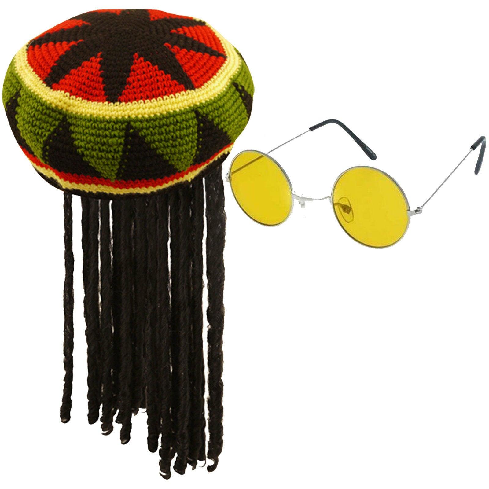 Adults Jamaican Rasta Hat with Dreadlocks & Yellow Frame Glasses Caribbean Set - Labreeze