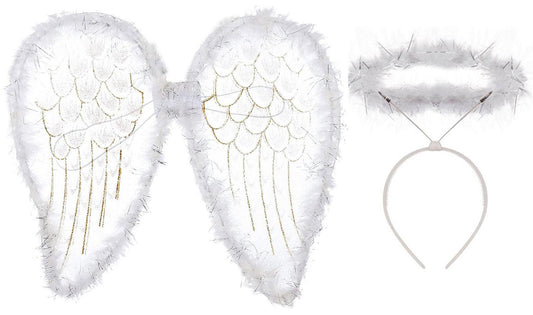 Adults Large Angel Xmas Wings Silver Glitter with White Halo Christmas Party Fancy Dress - Labreeze