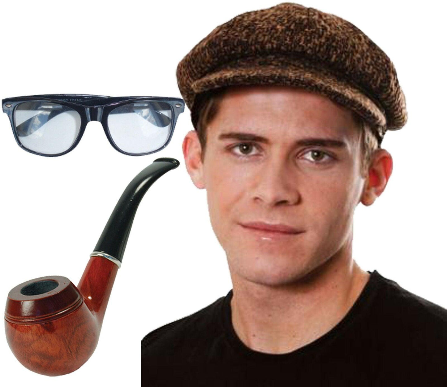 Adults Naughty Grandpa Uncle Brown Flat Cap Glasses Wooden Pipe Fancy Dress Set - Labreeze