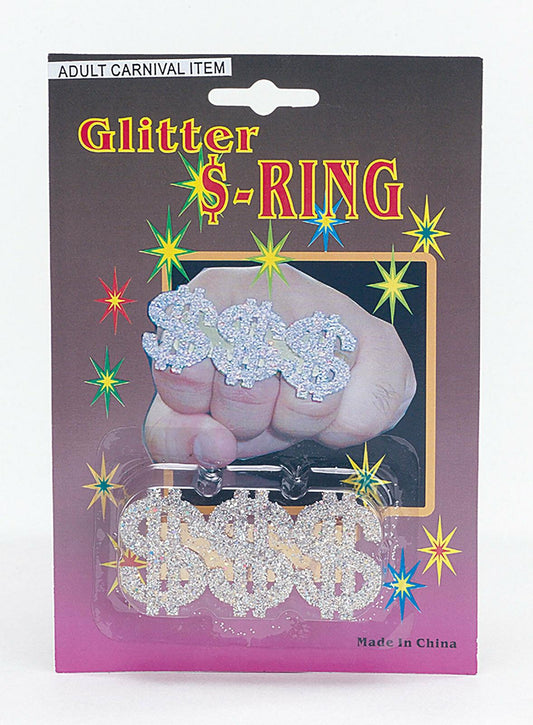 Adults Pimp Silver Glitter Ring 3 $ Dollar Signs 70s Huggy Bear Live & Let Die V - Labreeze