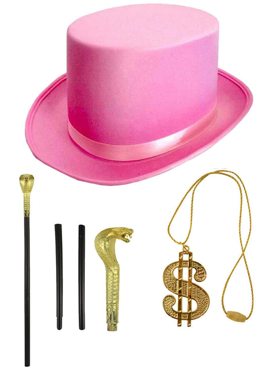 Adults Pink Satin Top Hat Snake Cane Dollar Necklace Willy Wonka Pimp Fancy Dres - Labreeze