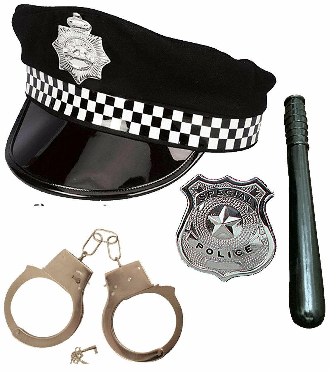 Adults Policeman Panda Hat Handcuffs Badge Truncheon Fancy Dress Party Set - Labreeze