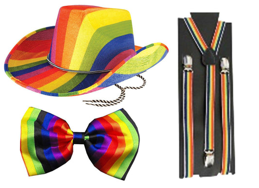 Adults Rainbow Cowboy Felt Hat Bow Tie Braces Gay Pride Fancy Dress Set - Labreeze