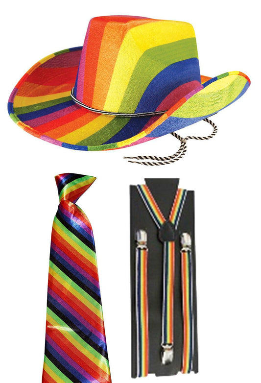 Adults Rainbow Cowboy Felt Hat Striped Neck Tie Braces Gay Pride Fancy Dress Set - Labreeze