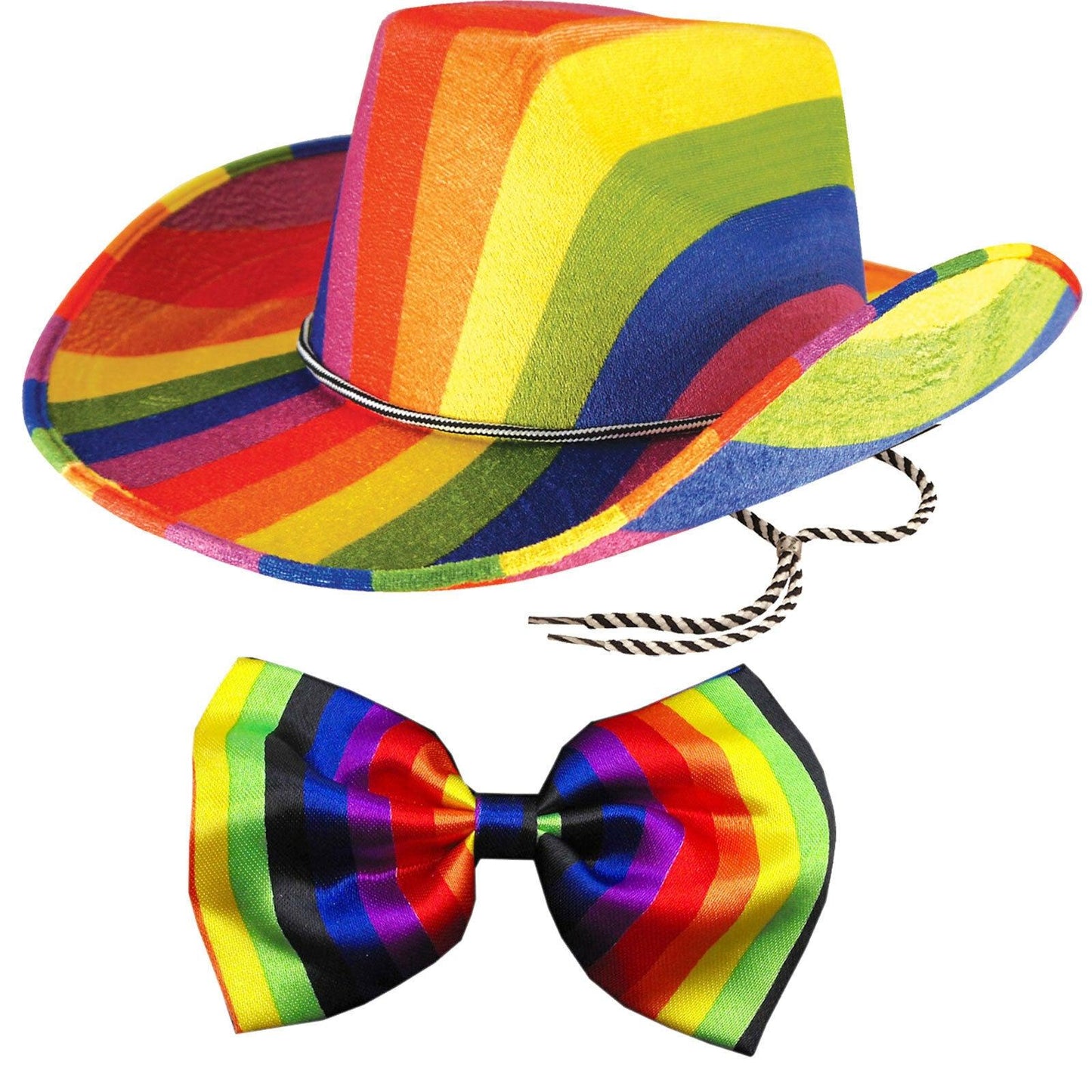 Adults Rainbow Cowboy Felt Hat with Bow Tie Gay Pride Fancy Dress Party Set - Labreeze