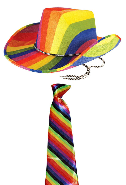 Adults Rainbow Cowboy Felt Hat with Striped Neck Tie Fancy Dress Party Set - Labreeze