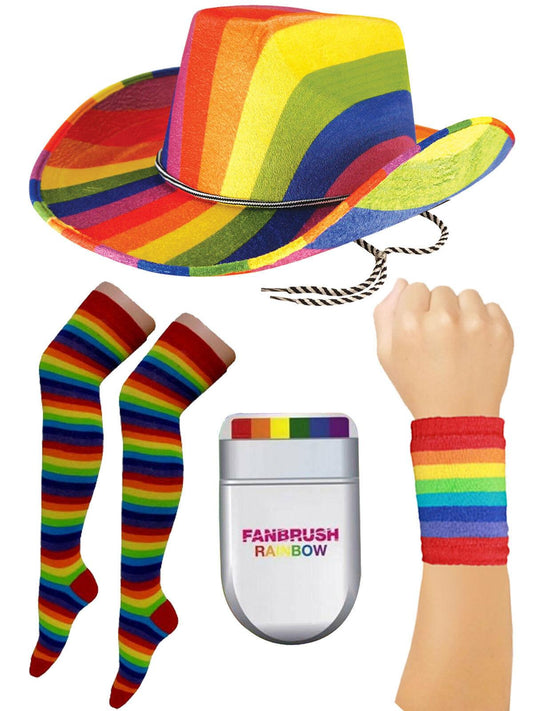 Adults Rainbow Cowboy Hat Bow Tie Fan Brush Socks Wristband Gay Pride Costume - Labreeze