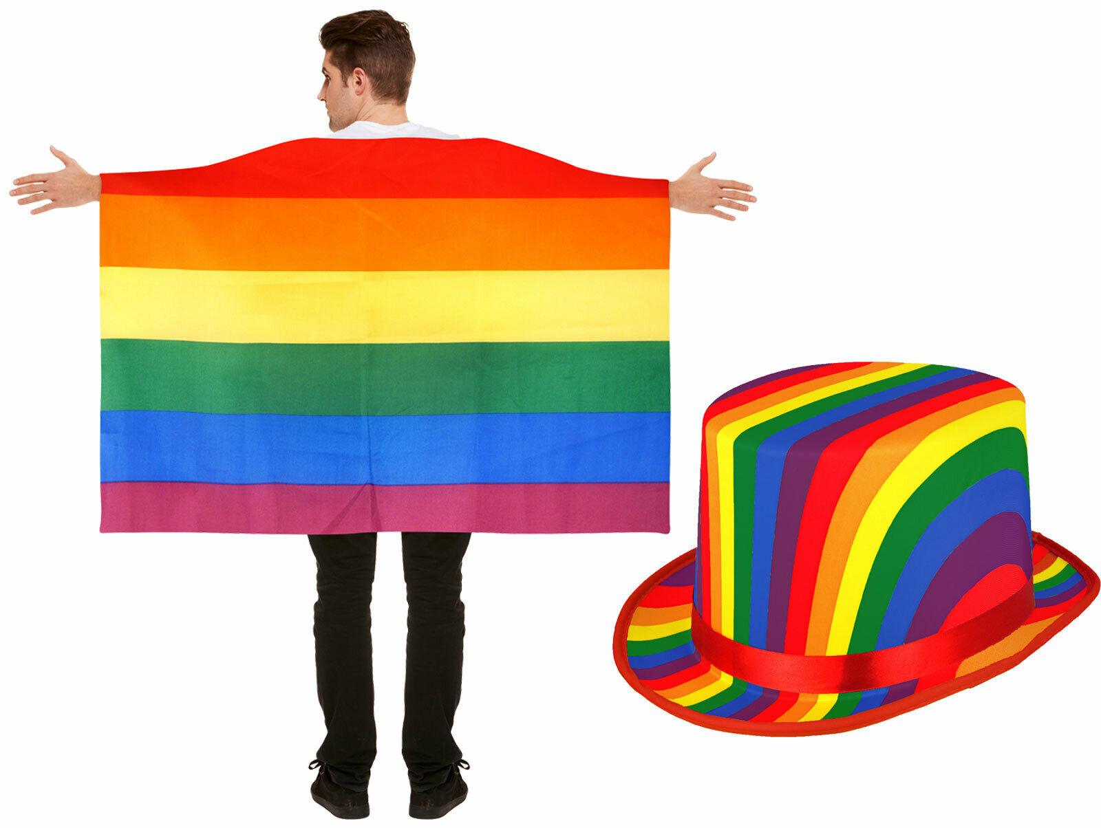 Adults Rainbow Flag Cape with Topper Hat Gay Pride LGBT Fancy Dress Set - Labreeze