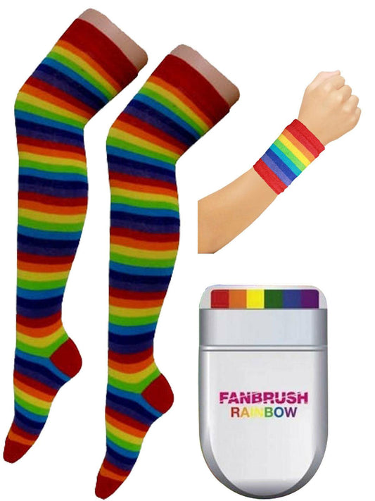 Adults Rainbow OTK Socks Fan Brush Wristband Gay Pride Fancy Dress Set - Labreeze