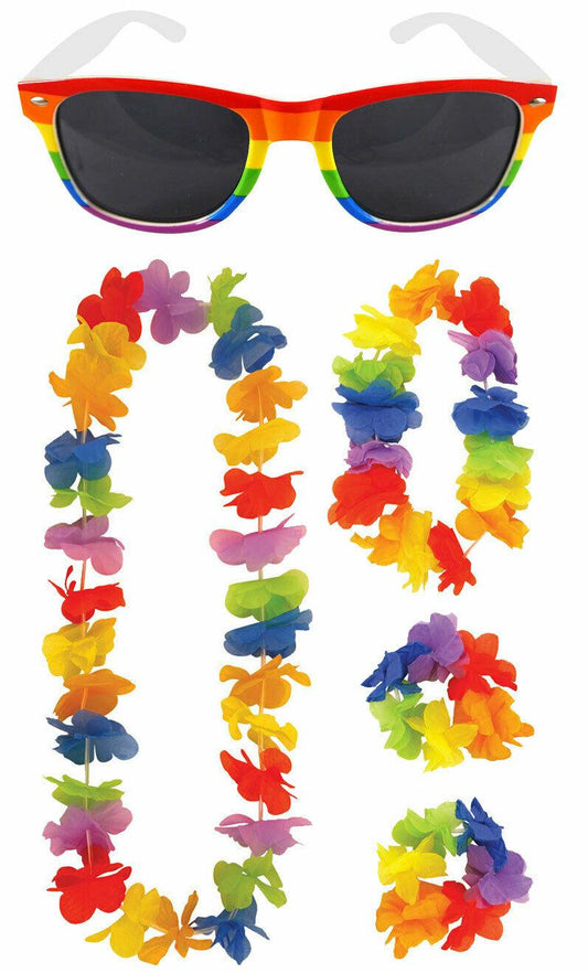 Adults Rainbow Pride Glasses 4 Pieces Hula Lei Flower Garland Hen Stag Party Set - Labreeze