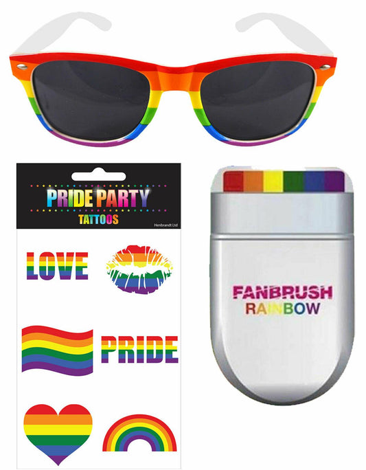 Adults Rainbow Pride Glasses Fan Brush Tattoos Make Up Gay Pride Party Set - Labreeze