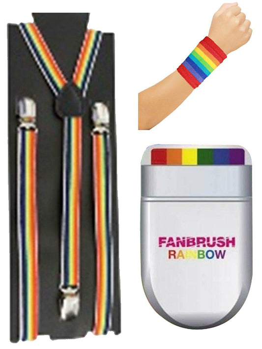 Adults Rainbow Printed Braces Wristband Fan Brush Gay Pride Fancy Dress Set - Labreeze