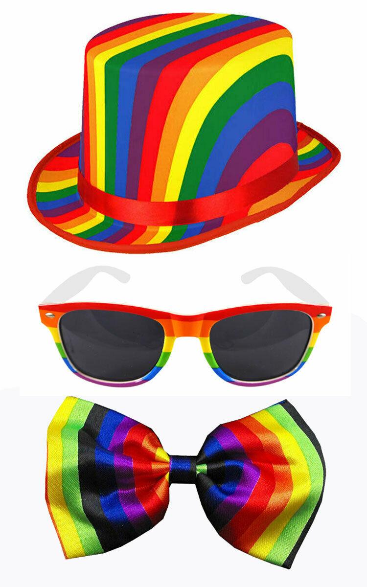 Adults Rainbow Topper Hat Dark Lens Glasses Bow Tie Gay Pride Fancy Dress Set - Labreeze