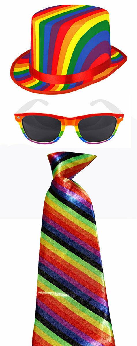 Adults Rainbow Topper Hat Dark Lens Glasses Striped Tie Gay Pride Party Set - Labreeze