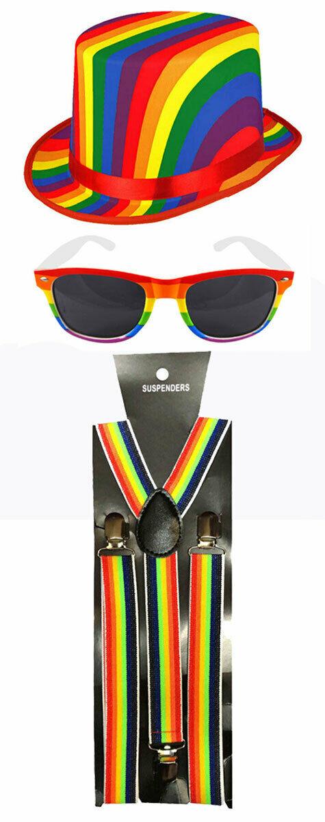 Adults Rainbow Topper Hat Dark Lens Sunglasses Braces Gay Pride Party Set - Labreeze