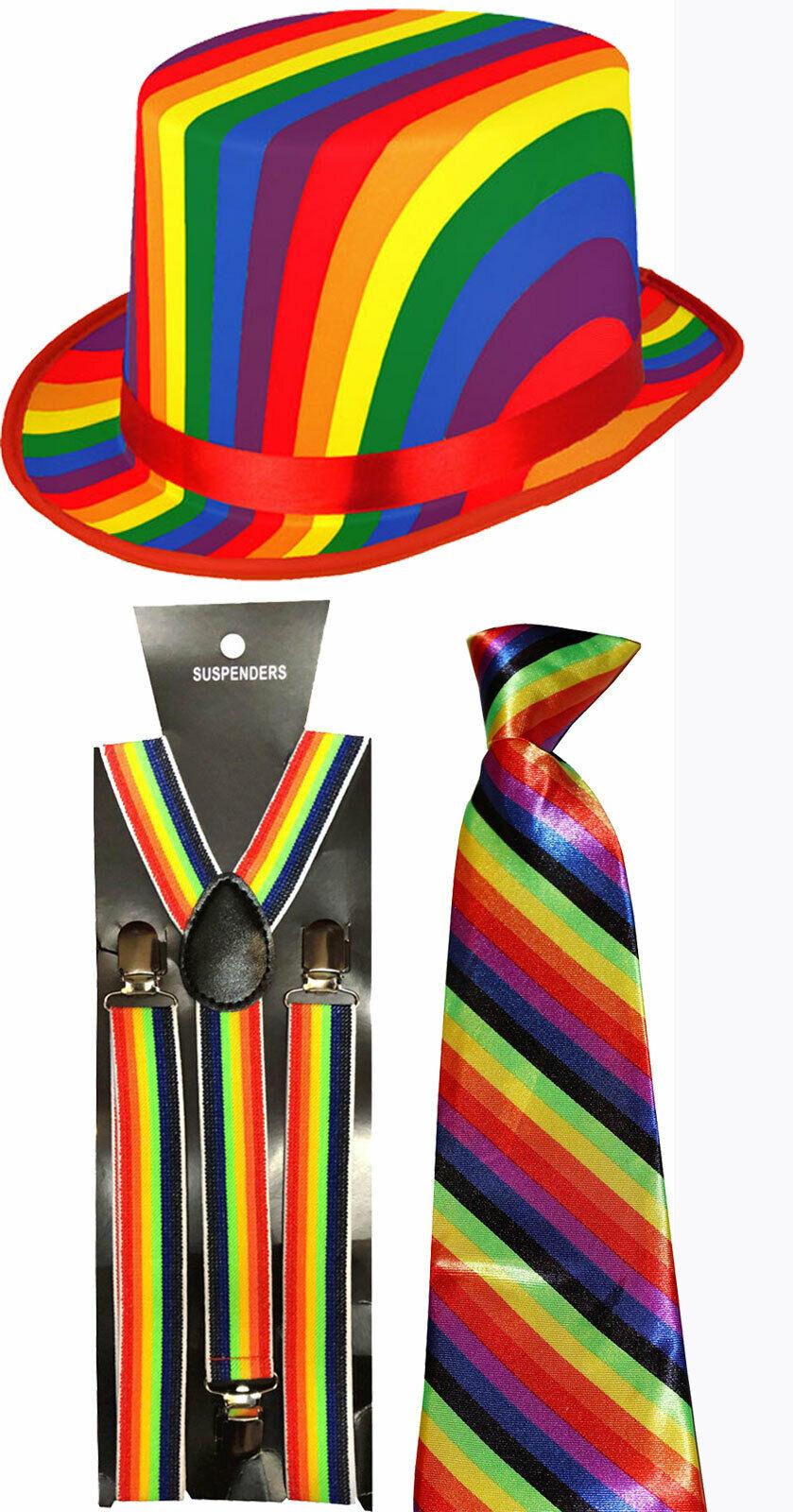 Adults Rainbow Topper Hat Striped Neck Tie Braces Gay Pride Fancy Dress Set - Labreeze