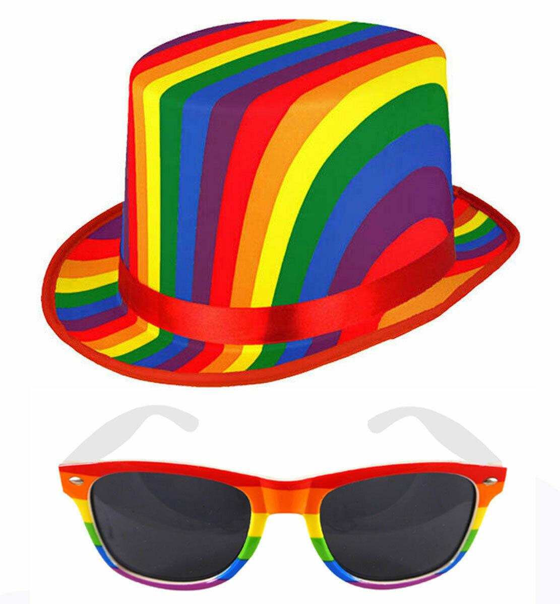 Adults Rainbow Topper Hat with Dark Lens Sunglasses Gay Pride Fancy Dress Set - Labreeze