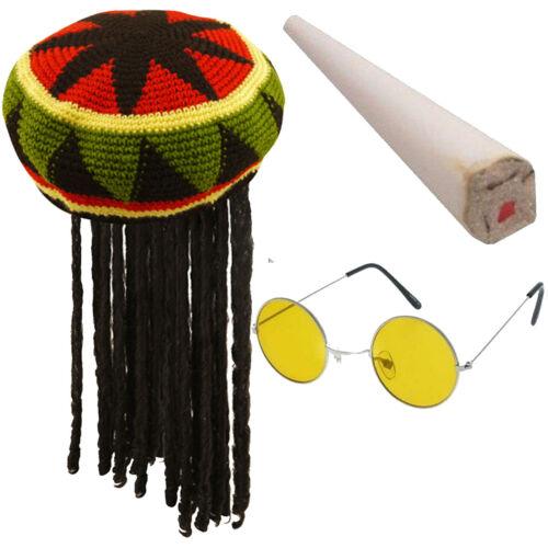 Adults Rasta Jamaican Hat Fake Spliff Yellow Glasses Caribbean Fancy Dress Set - Labreeze