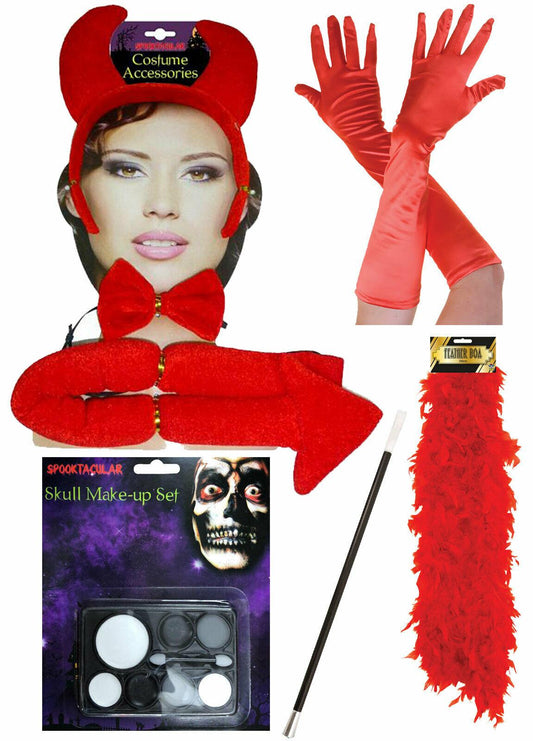 Adults Red Devil Headband Tail Bow Tie Gloves Boa Make Up Halloween Fancy Dress - Labreeze