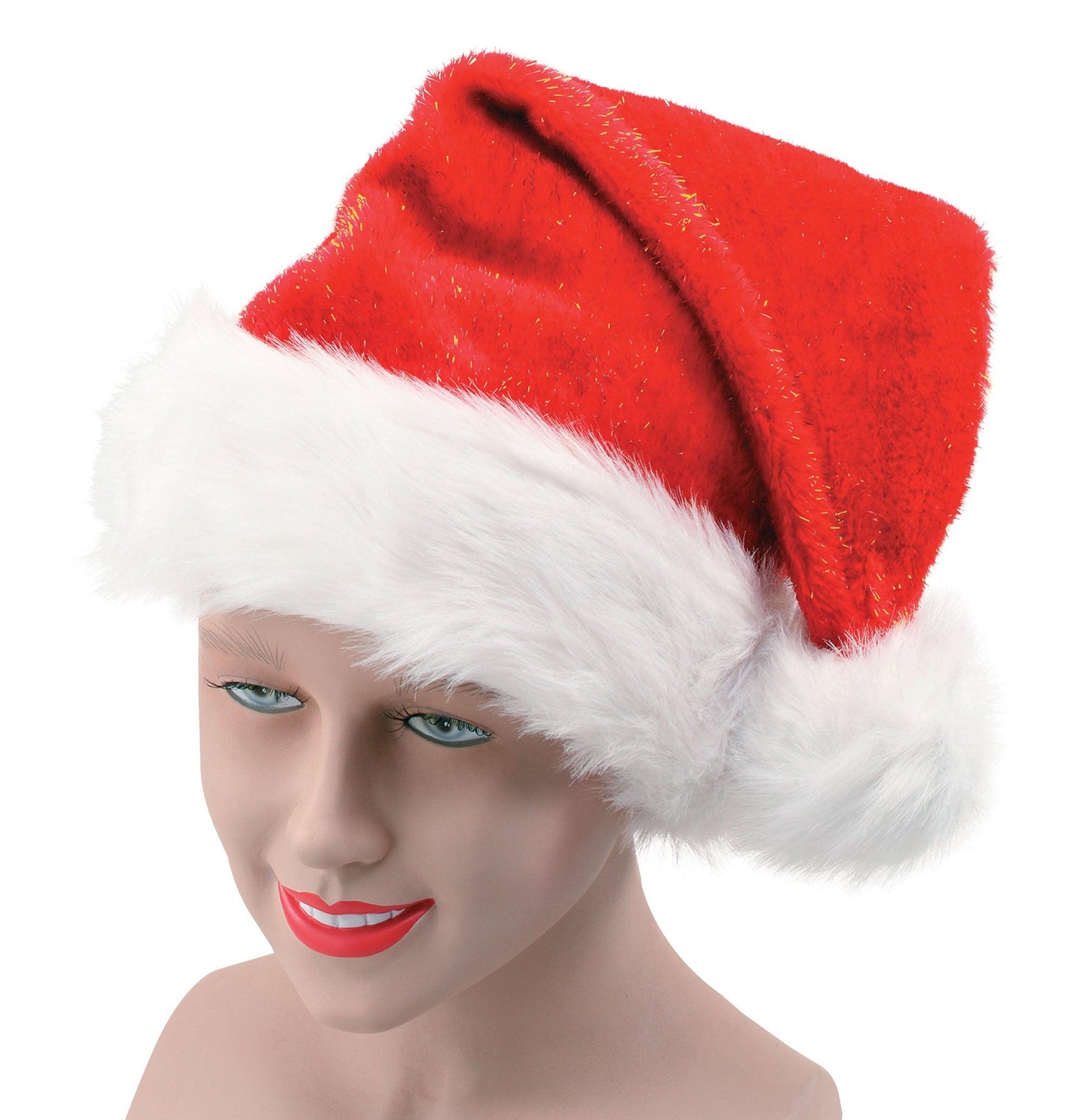 Adults Red White Plush Glitter Santa Hat with White Trim Christmas Fancy Dress - Labreeze