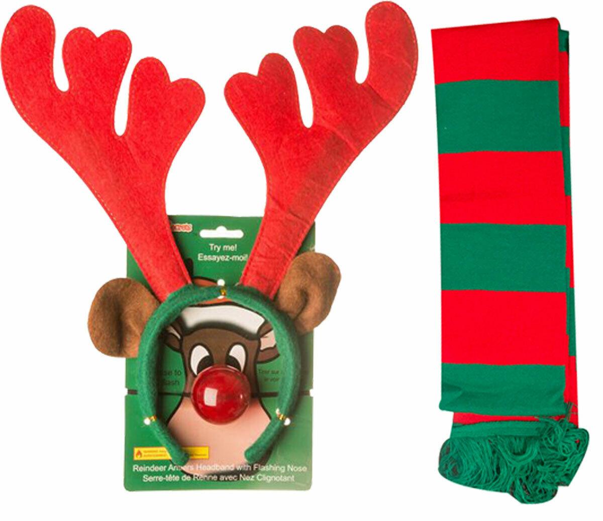 Adults Reindeer Antlers Red Green Striped Scarf Christmas Xmas Elf Fancy Dress - Labreeze
