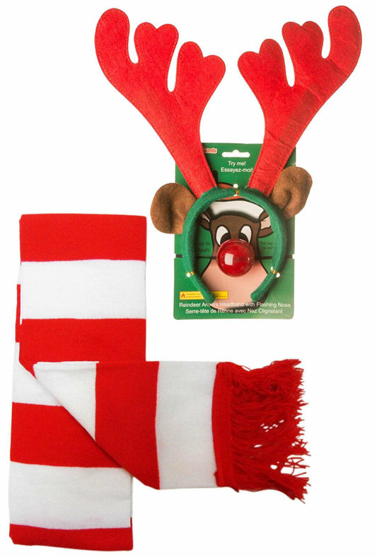 Adults Reindeer Antlers Red White Striped Scarf Christmas Snowman Fancy Dress - Labreeze