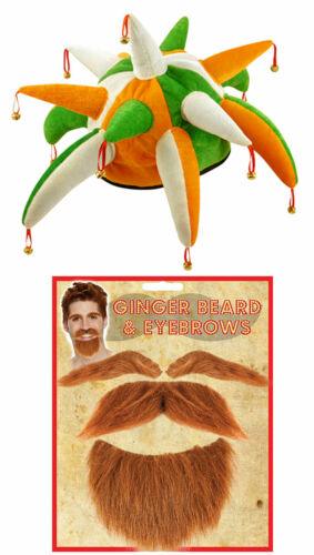 Adults St Patrick’s Day Ireland Jester Hat with Bells & Ginger Beard Fancy Dress - Labreeze