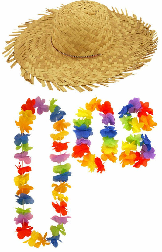 Adults Straw Boater Hat 4Pcs Lei Set Hawaiian Summer Beach Party Fancy Dress - Labreeze