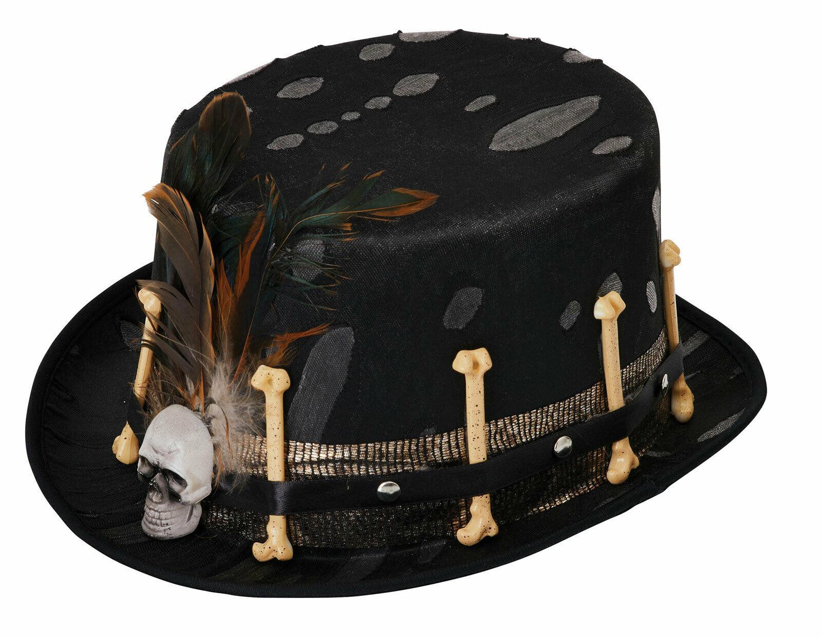 Adults Top Hat Black Voodoo Style Bones Skull Halloween Fancy Dress Accessory - Labreeze