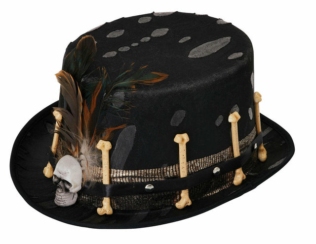 Adults Top Hat Black Voodoo Style Bones Skull Halloween Fancy Dress Accessory