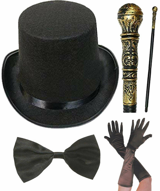 Adults Victorian Gentleman Black Top Hat Bow Tie Long Gloves Cane Party Set - Labreeze