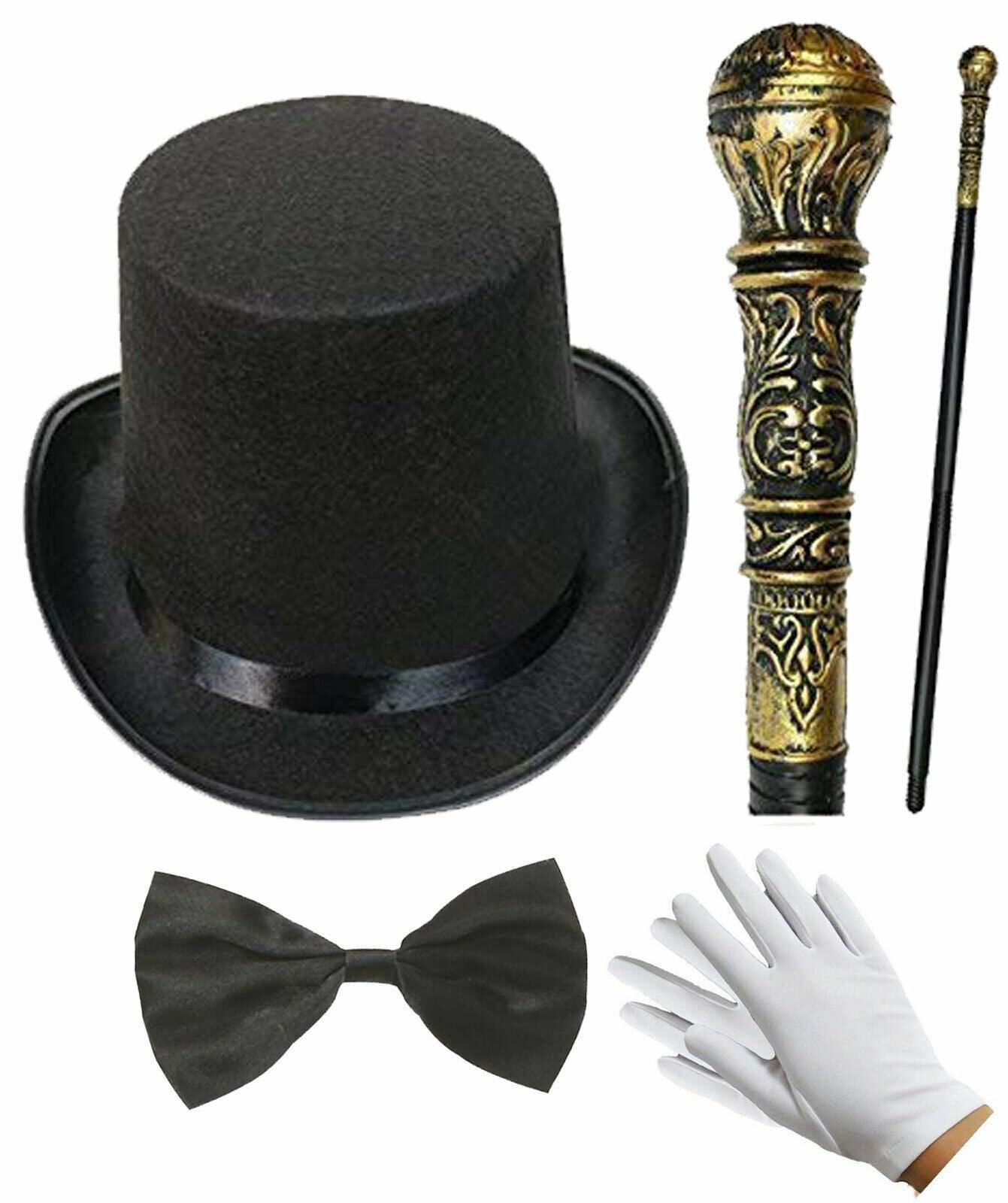 Adults Victorian Gentleman Black Top Hat Bow Tie Santa Gloves Gold Cane Set - Labreeze