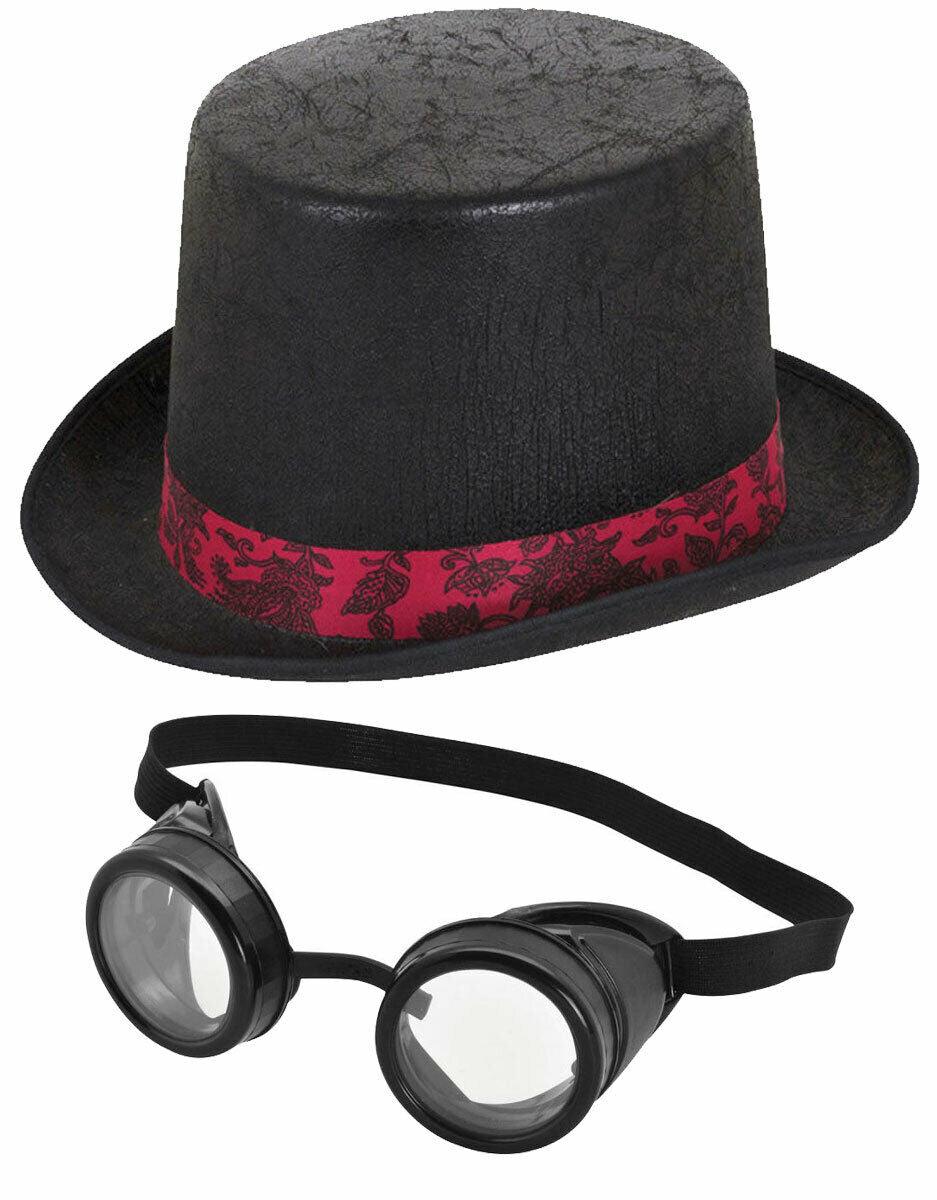 Aged Look Top Hat + Black Plastic Goggles Steam Punk Fancy Dress Party Set - Labreeze