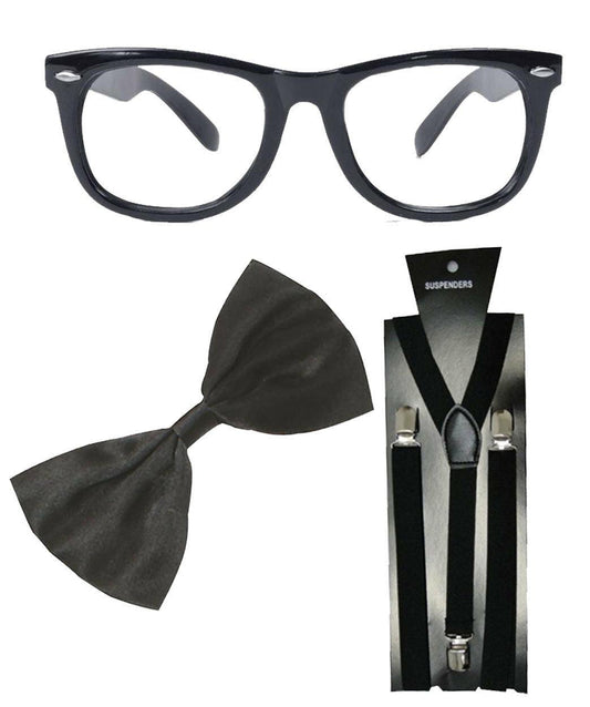 Black Geek Glasses Frame no Lens Braces Bow Tie 3 Pcs Nerd Kit Fancy Dress - Labreeze