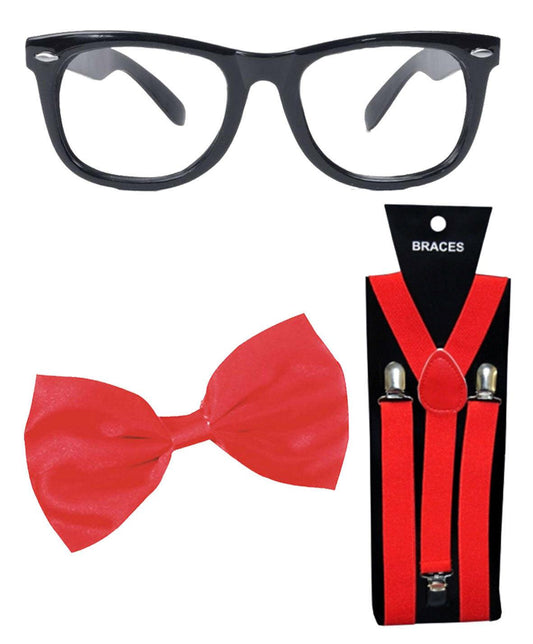 Black Geek Glasses Frame Red Braces Bow Tie 3 Pcs Nerd Kit Fancy Dress Set - Labreeze