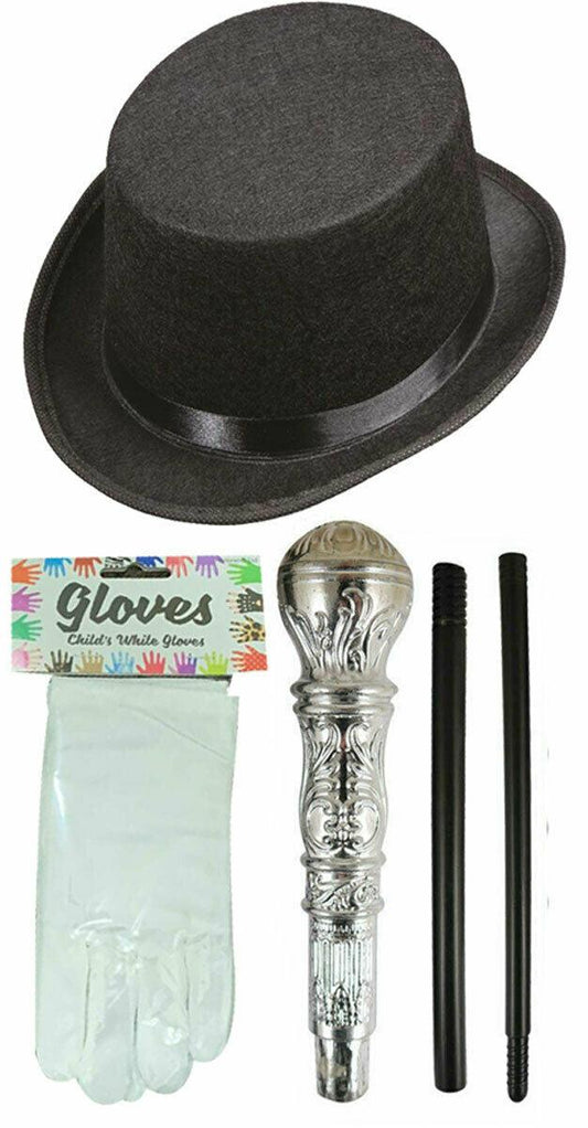 Black Lincoln Top Hat Silver Pimp Stick Gloves Kids Victorian Style Fancy Dress - Labreeze