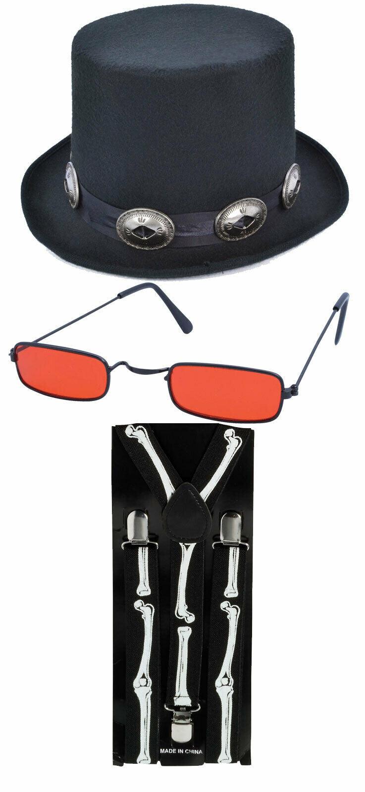 Black Rocker Top Hat Dracula Glasses Skeleton Braces Halloween Horror Party Set - Labreeze