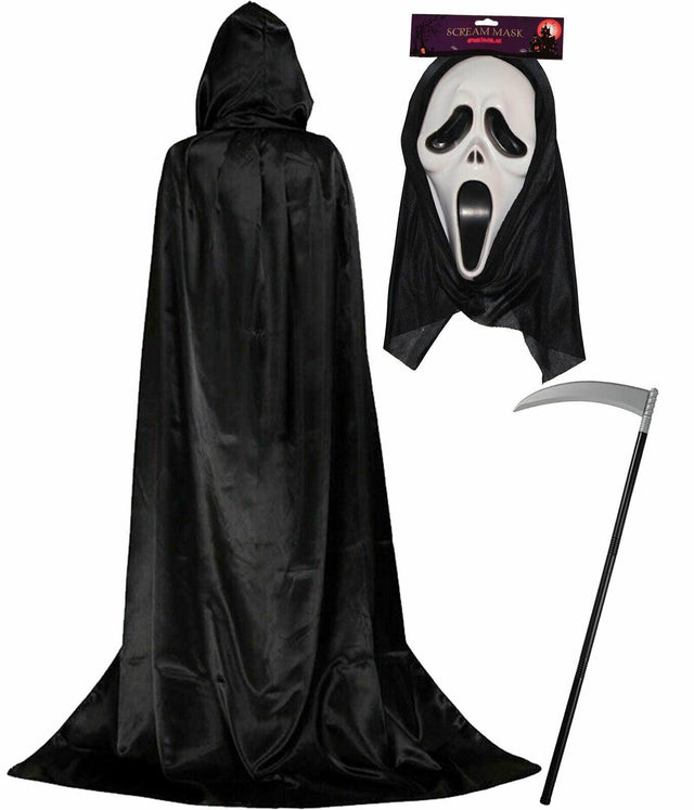 Hooded Cape, Scream Mask & Scythe Set – Halloween Horror Costume