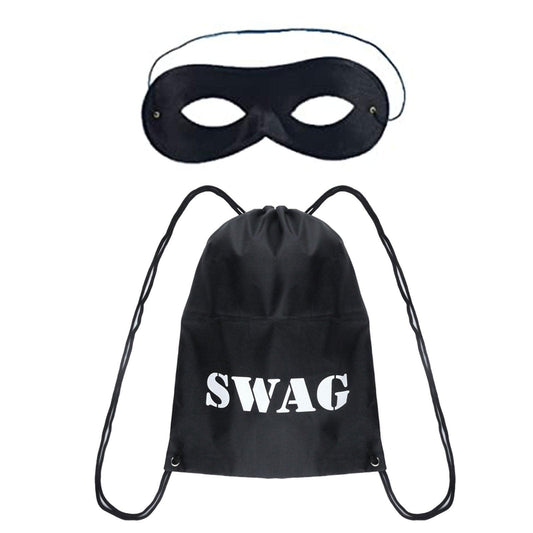 Black Swag Bag with Domino Eye Mask Kit - Unisex Cops and Robbers Burglar Thief Villain Convict World Book Day Set - Labreeze