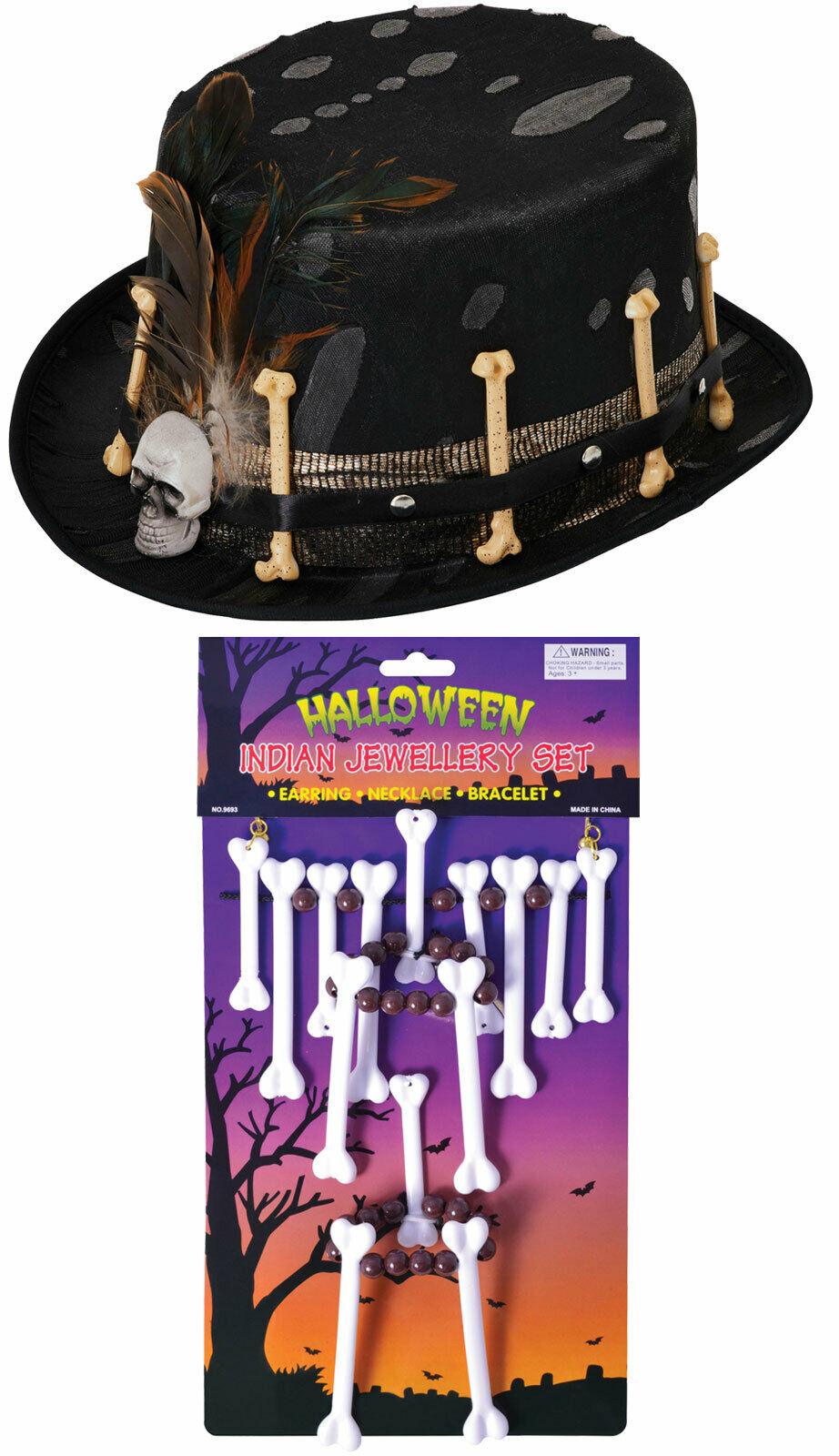 Black Voodoo Top Hat Bone Necklace Jewellery Set Halloween Horror Fancy Dress - Labreeze