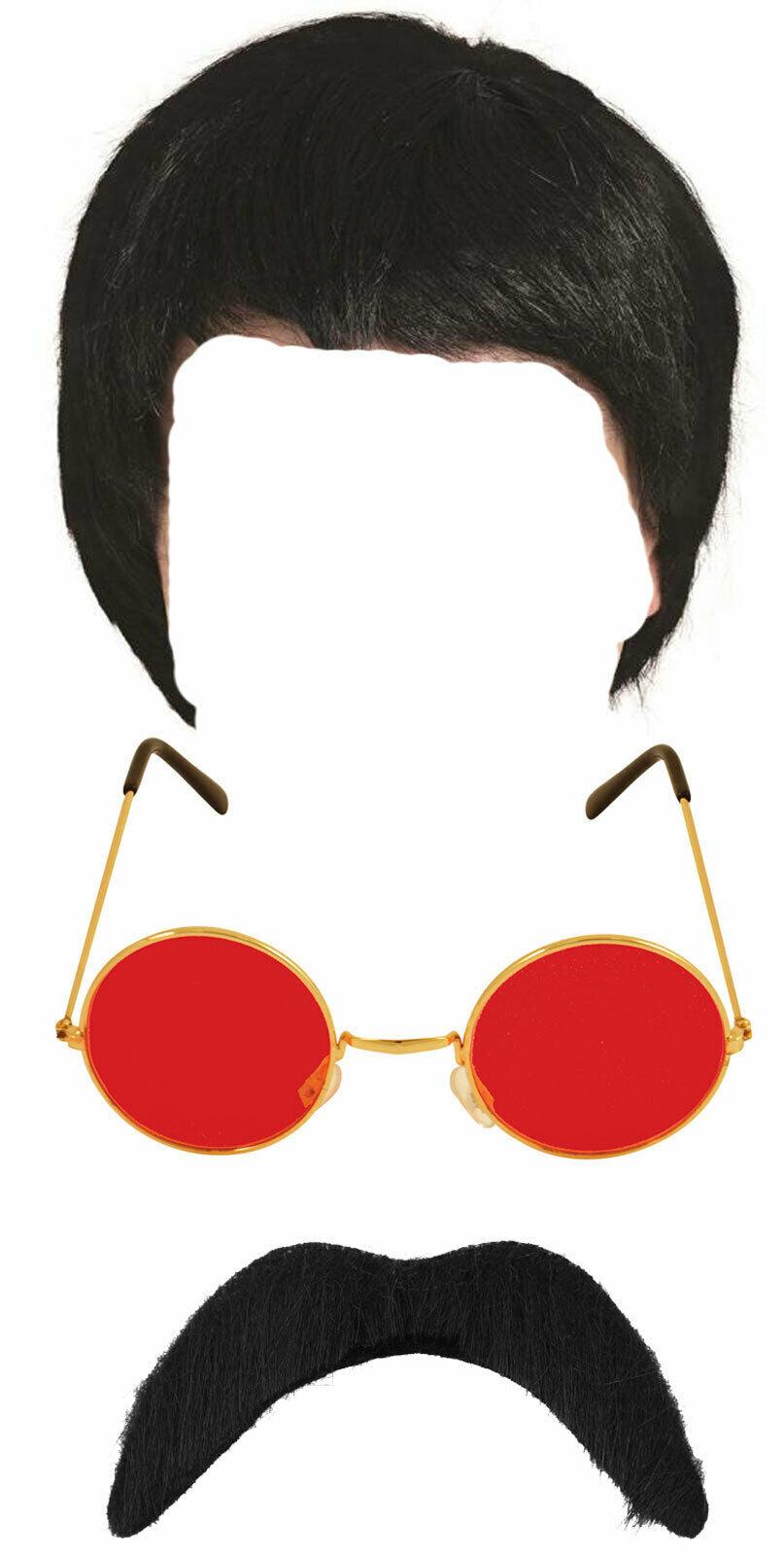 Black Wig Mustache Red Lens Glasses Groovy 60's Abbey Rock Star Fancy Dress Kit - Labreeze
