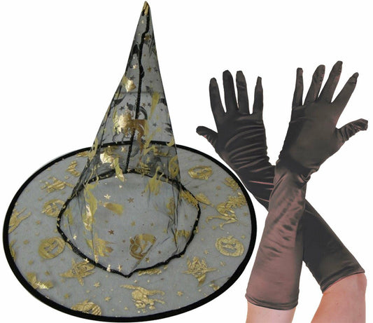 Black Witch Hat with Gold Prints Long Satin Plain Gloves Halloween Horror Party - Labreeze