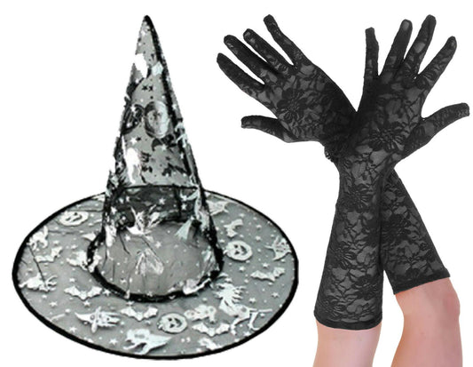 Black Witch Hat with Silver Halloween Prints Long Lace Gloves Party Dress Up - Labreeze