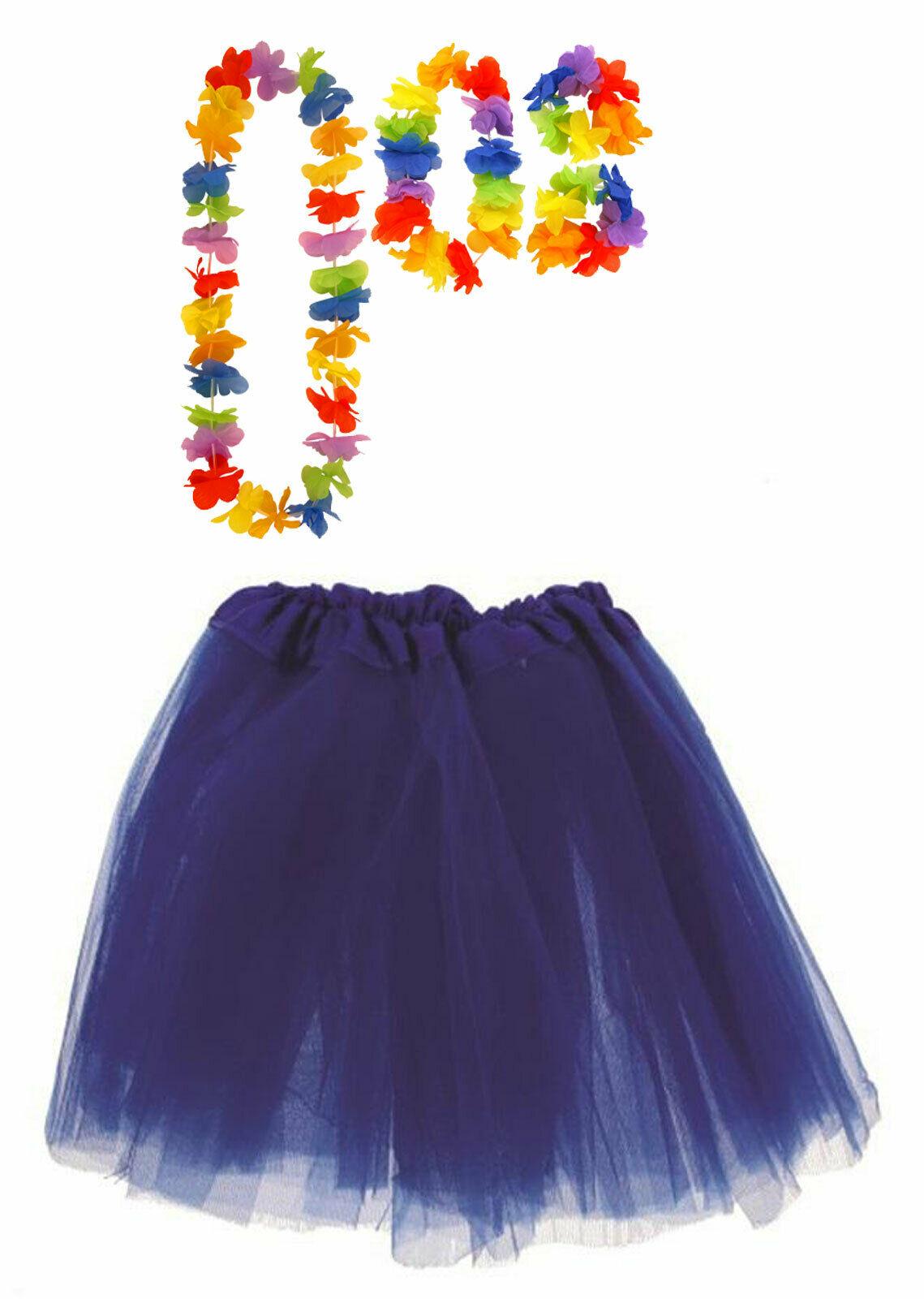 Blue Tutu Net Skirt with Satin Band 4 Pcs Hula Lei Set Hawaiian Fancy Dress - Labreeze