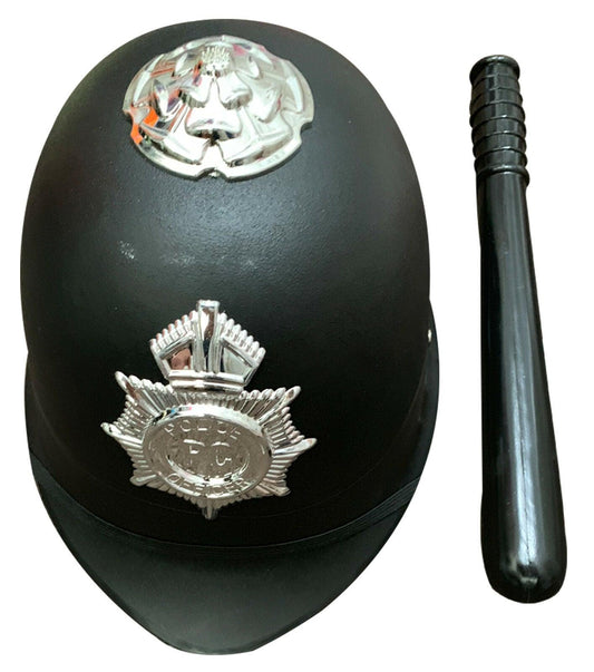Bobby Police Helmet Black & Small Truncheon - World Book Day Fancy Dress Accessories - Labreeze