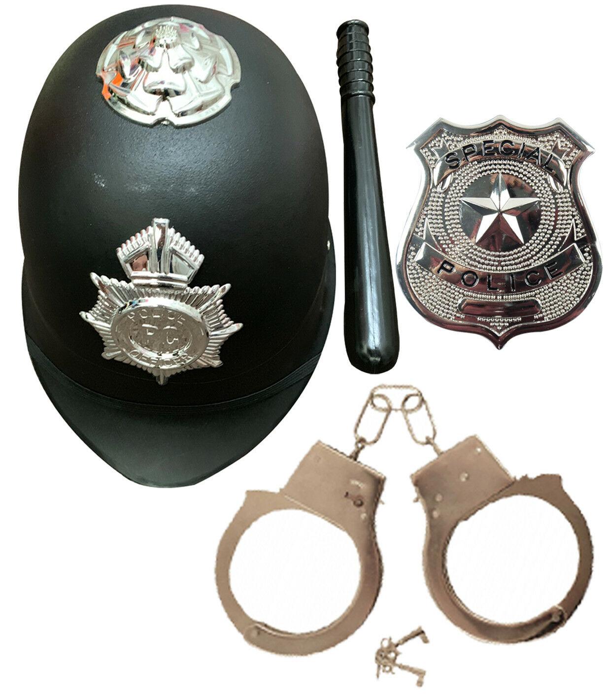 Bobby Police Helmet Truncheon Metal Handcuffs Badge Fancy Dress 4 Pcs Set - Labreeze