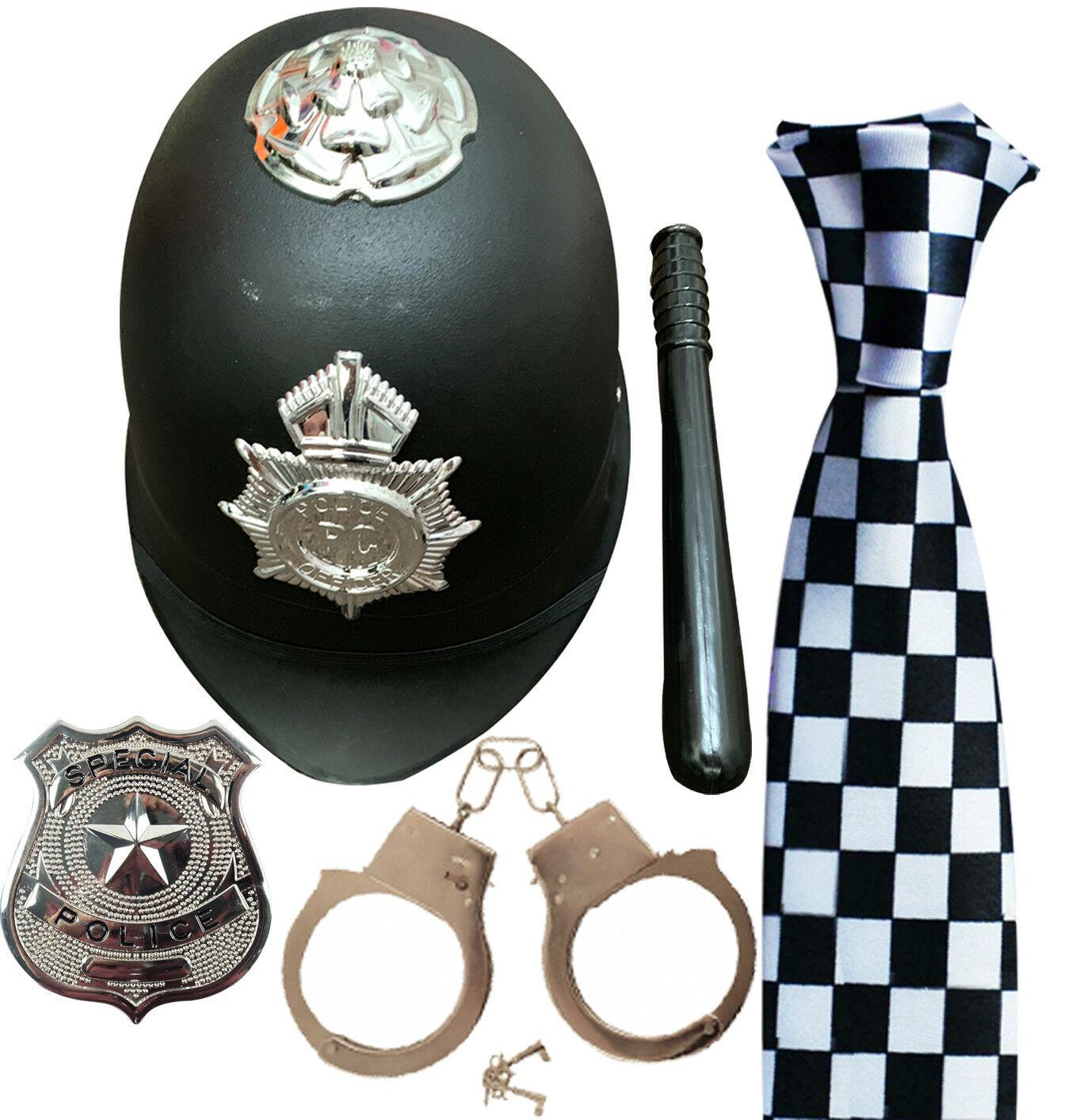 Bobby Police Helmet Truncheon Tie Badge Handcuffs Policeman Fancy Dress Set - Labreeze