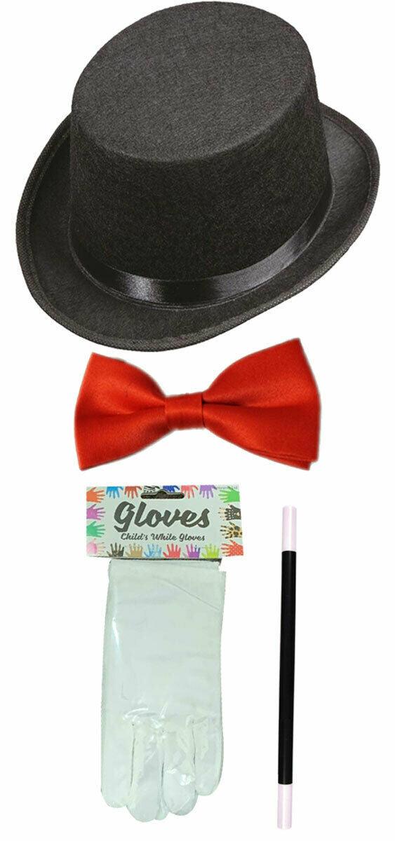 Boys Black Top Hat Red Bow Tie Gloves Magic Wand Magician Party Fancy Dress Set - Labreeze