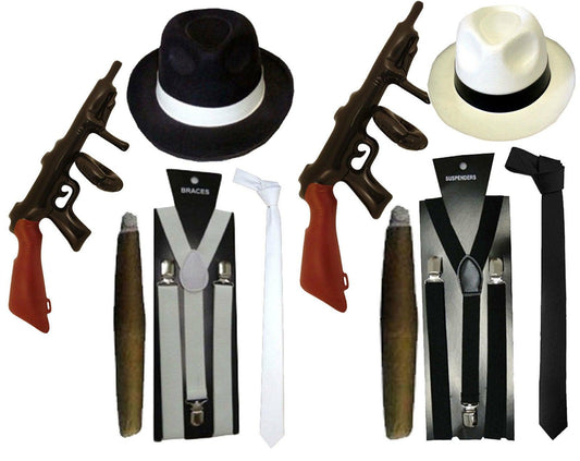 Boys Men Hat Tie Braces Tommy gun Cigar Gangster Fancy Dress - Labreeze